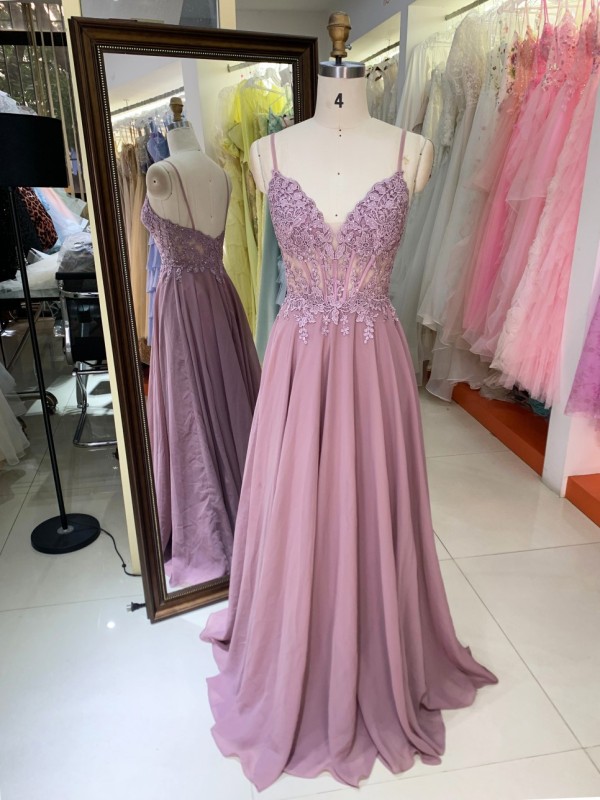 Wholesale Customizable Pink Purple Hand Embroidery V Neck a Line Evening Dresses Plus Size