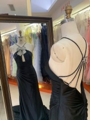 Hot Sale Wholesale Elegant Royal Blue Dress Rhinestone Bow Halter Neck Satin Train Long Evening Dress