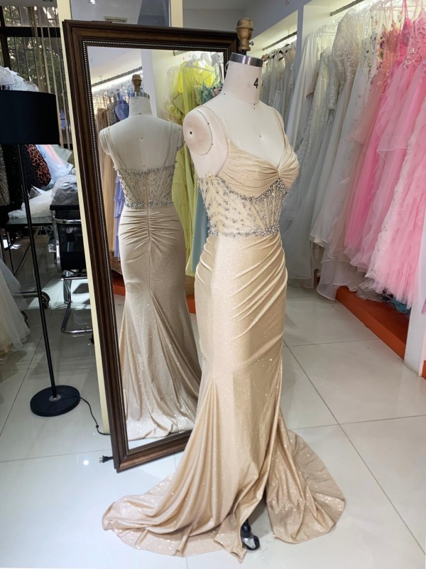 Factory Direct Wholesale Champagne Gold Glitter Mermaid Evening Dress Customizable Rhinestone Spaghetti Strap High Slit