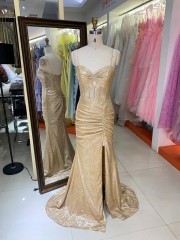Factory Direct Champagne Gold Rhinestone V Neck Spaghetti Strap Hollow Out High Slit Mermaid Evening Dress