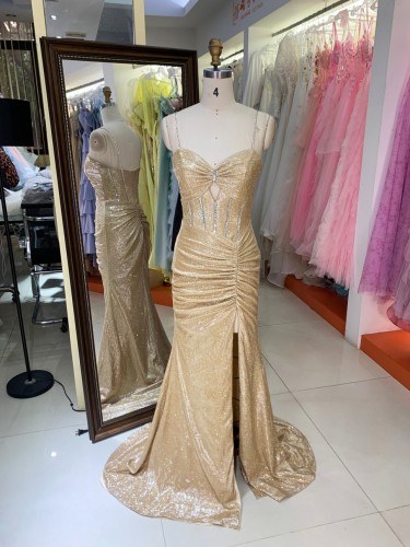 Factory Direct Champagne Gold Rhinestone V Neck Spaghetti Strap Hollow Out High Slit Mermaid Evening Dress