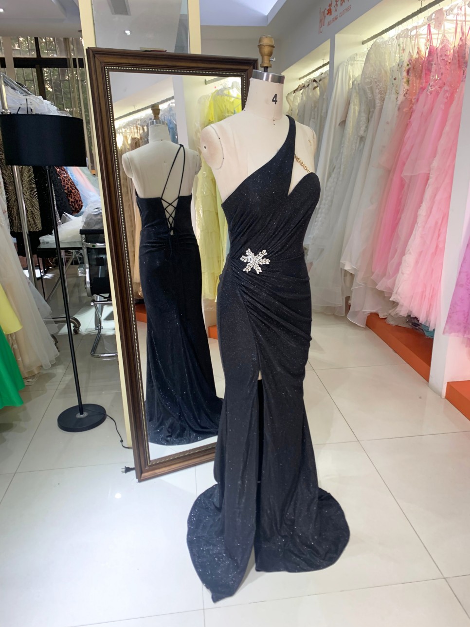 Wholesale 2026 New Design One Shoulder Dark Blue With Fine Shimmer Rhinestone Accent Floor Length Evening Dress