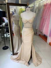 Factory Direct Wholesale Champagne Gold Glitter Mermaid Evening Dress Customizable Rhinestone Spaghetti Strap High Slit