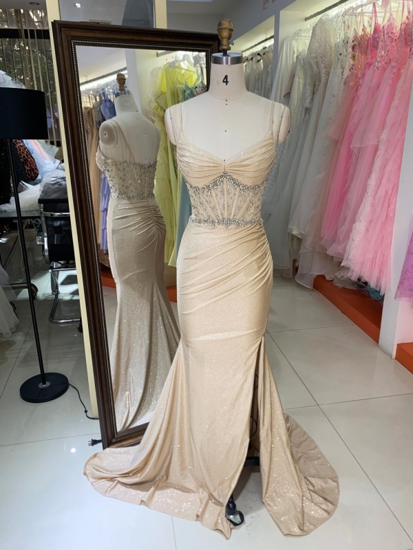 Factory Direct Wholesale Champagne Gold Glitter Mermaid Evening Dress Customizable Rhinestone Spaghetti Strap High Slit