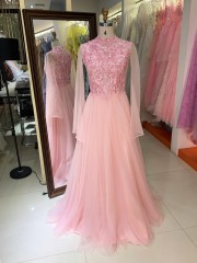 2026 New Arrival Pink Tulle Long Sleeve Plus Size Gown Hand Embroidered Pearl Floor Length Party Dress