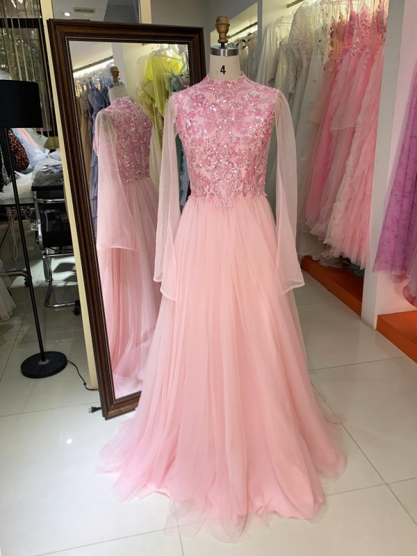 2026 New Arrival Pink Tulle Long Sleeve Plus Size Gown Hand Embroidered Pearl Floor Length Party Dress