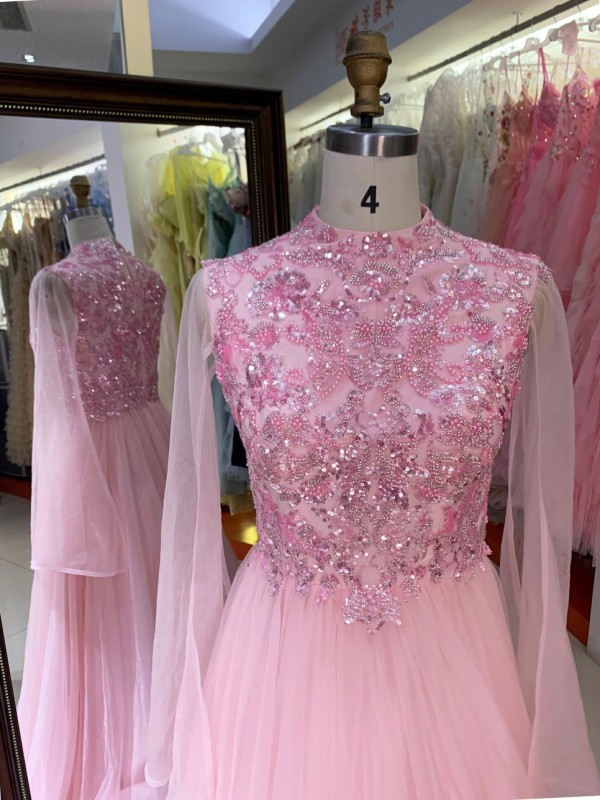 2026 New Arrival Pink Tulle Long Sleeve Plus Size Gown Hand Embroidered Pearl Floor Length Party Dress