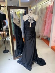 Hot Sale Wholesale Elegant Royal Blue Dress Rhinestone Bow Halter Neck Satin Train Long Evening Dress
