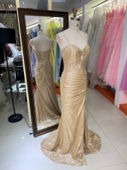 Factory Direct Champagne Gold Rhinestone V Neck Spaghetti Strap Hollow Out High Slit Mermaid Evening Dress