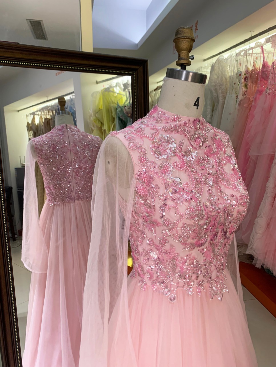 2026 New Arrival Pink Tulle Long Sleeve Plus Size Gown Hand Embroidered Pearl Floor Length Party Dress