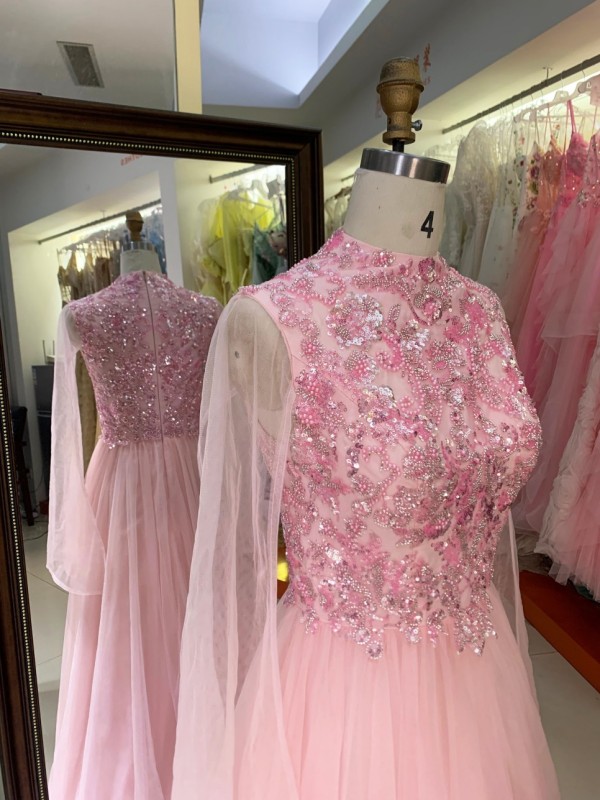 2026 New Arrival Pink Tulle Long Sleeve Plus Size Gown Hand Embroidered Pearl Floor Length Party Dress