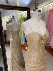 Factory Direct Champagne Gold Rhinestone V Neck Spaghetti Strap Hollow Out High Slit Mermaid Evening Dress