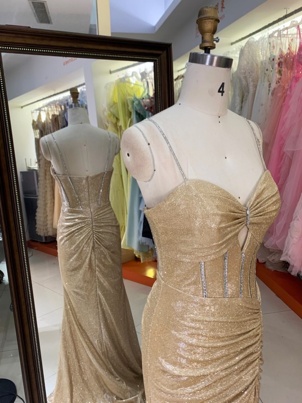 Factory Direct Champagne Gold Rhinestone V Neck Spaghetti Strap Hollow Out High Slit Mermaid Evening Dress
