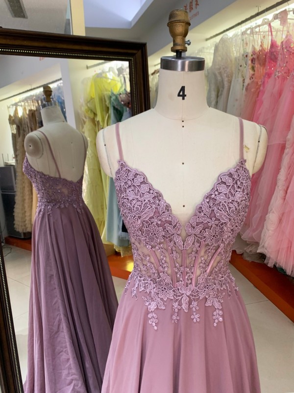 Wholesale Customizable Pink Purple Hand Embroidery V Neck a Line Evening Dresses Plus Size