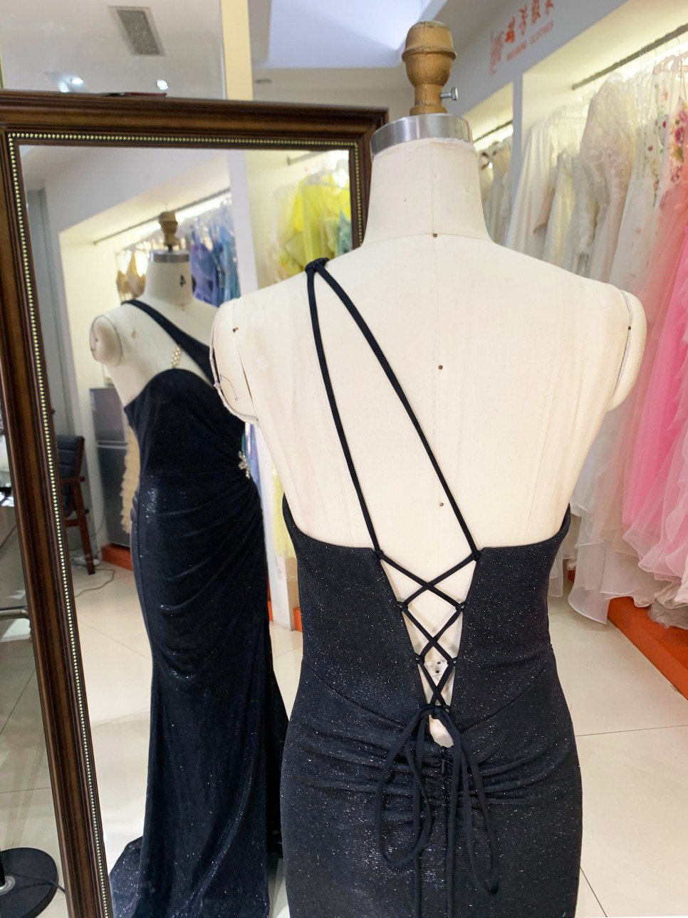 Wholesale 2026 New Design One Shoulder Dark Blue With Fine Shimmer Rhinestone Accent Floor Length Evening Dress