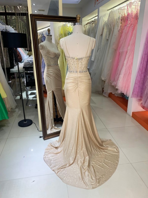 Factory Direct Wholesale Champagne Gold Glitter Mermaid Evening Dress Customizable Rhinestone Spaghetti Strap High Slit
