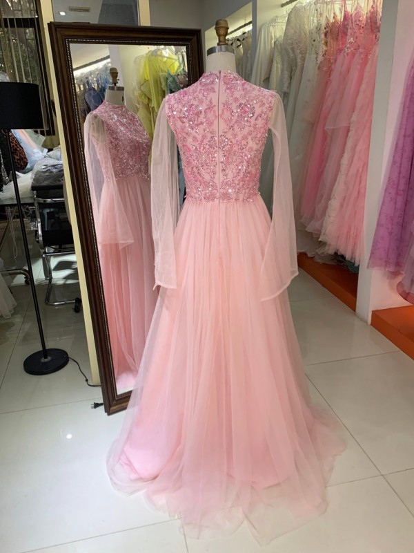2026 New Arrival Pink Tulle Long Sleeve Plus Size Gown Hand Embroidered Pearl Floor Length Party Dress