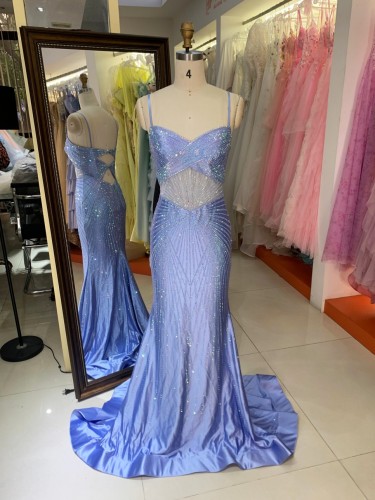 2026 New Design Luxurious Evening Dresses Lavender Purple Spaghetti Strap Sequin Ruffle Floor Length Hollow Out Evening Dress