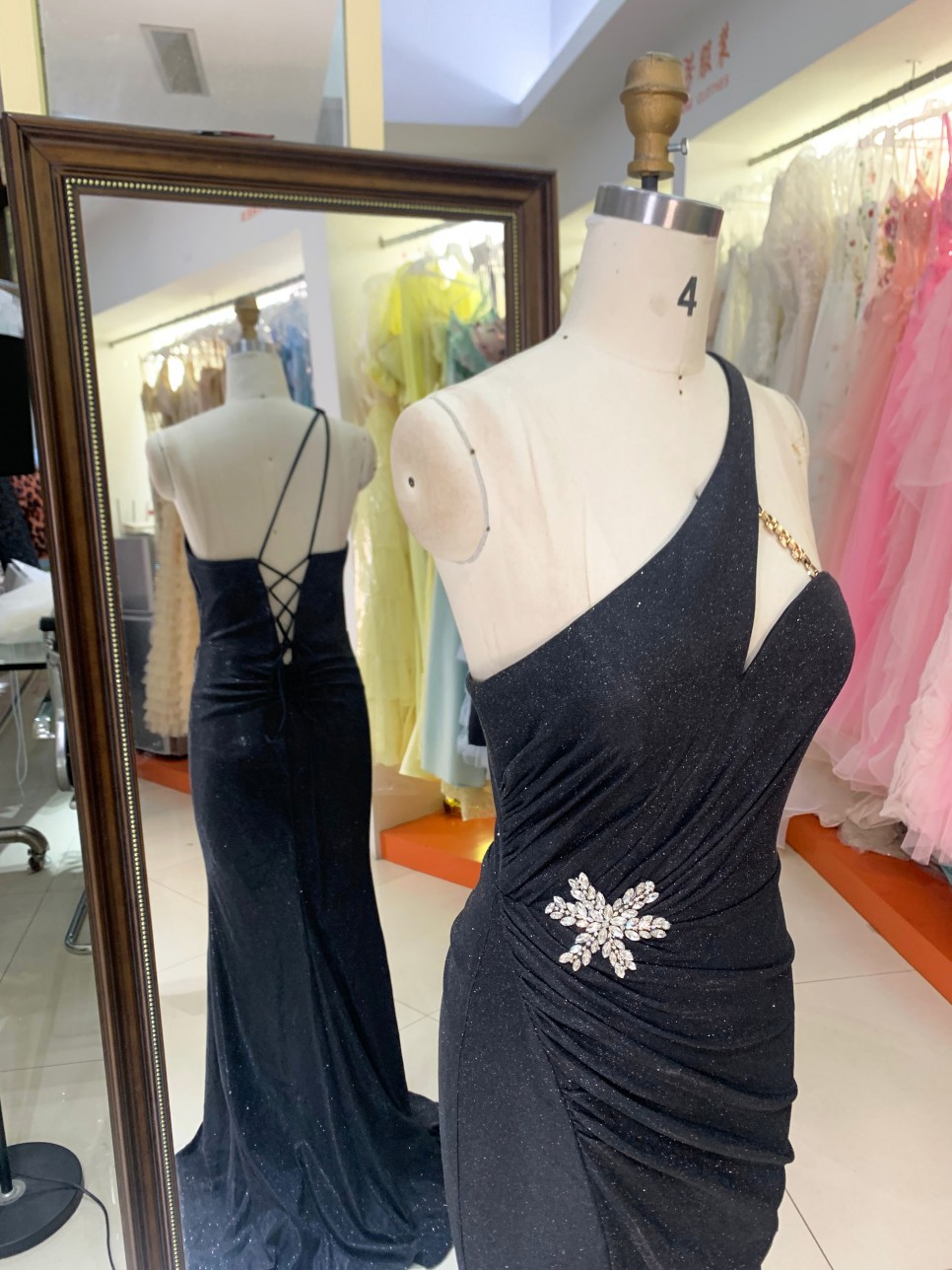Wholesale 2026 New Design One Shoulder Dark Blue With Fine Shimmer Rhinestone Accent Floor Length Evening Dress