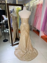 Factory Direct Champagne Gold Rhinestone V Neck Spaghetti Strap Hollow Out High Slit Mermaid Evening Dress