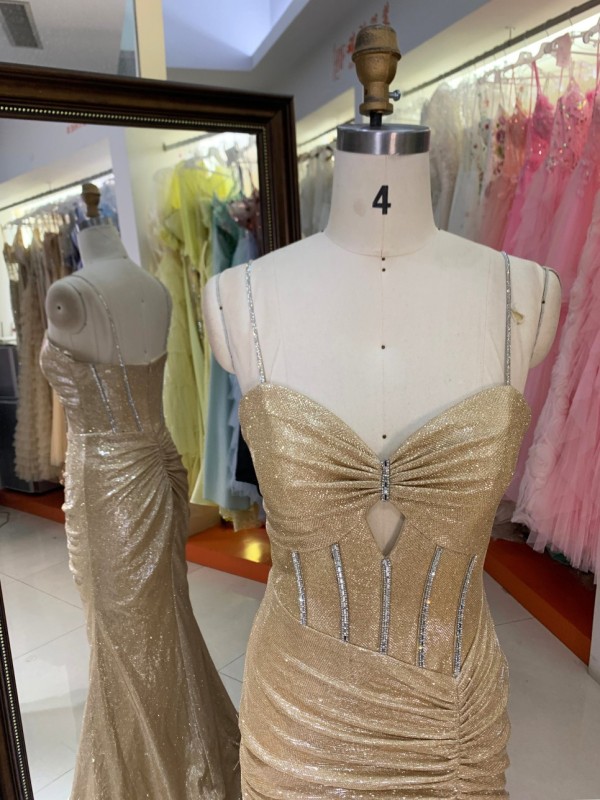 Factory Direct Champagne Gold Rhinestone V Neck Spaghetti Strap Hollow Out High Slit Mermaid Evening Dress