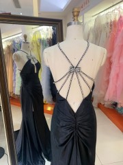 Hot Sale Wholesale Elegant Royal Blue Dress Rhinestone Bow Halter Neck Satin Train Long Evening Dress