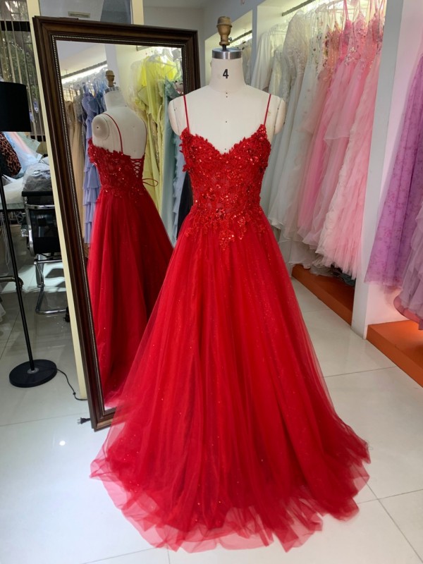 2026 New Arrival Elegant Sequin Chiffon a Line Gown Spaghetti Strap Party Red Dinner Dress Party Lady Evening