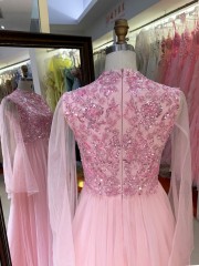 2026 New Arrival Pink Tulle Long Sleeve Plus Size Gown Hand Embroidered Pearl Floor Length Party Dress
