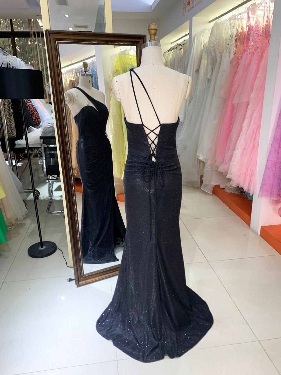 Wholesale 2026 New Design One Shoulder Dark Blue With Fine Shimmer Rhinestone Accent Floor Length Evening Dress