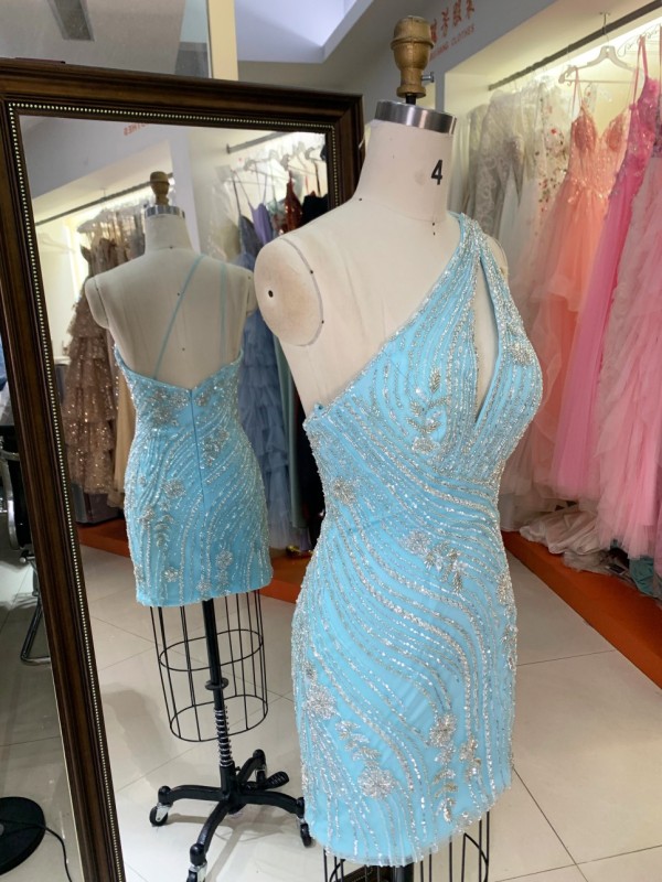Premium Asymmetrical Strap Sparkly Short Homecoming Dress Luxury Beaded Evening Gown High Quality for Boutique Wholesaler