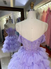 Luxury Lavender Off-the-Shoulder Prom Dress Short Sparkly Lace Appliques Homecoming Gown