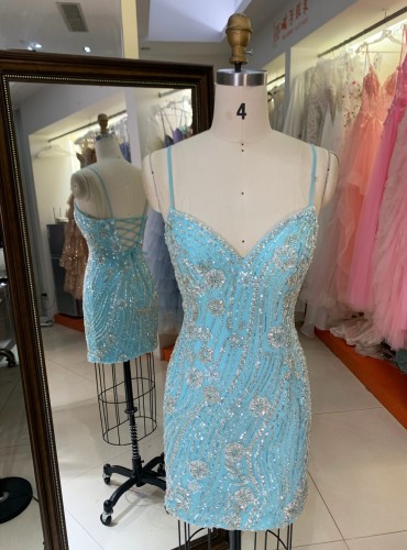 2026 Luxury Short Sky Blue Handmade Rhinestone Fitted Spaghetti Strap Floral Evening Party Dress Women's Party Wear
