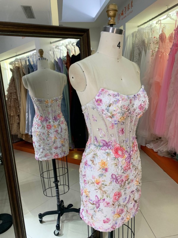 Luxury White 3D Butterfly Floral Prom Dress Short Heavy Beading Corset Homecoming Gown Checked