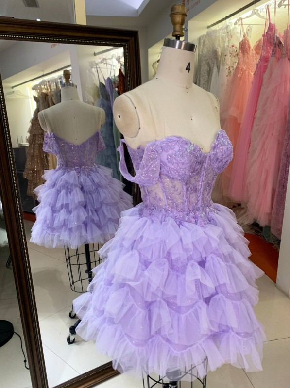 Luxury Lavender Off-the-Shoulder Prom Dress Short Sparkly Lace Appliques Homecoming Gown