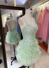New Arrival Luxury Ruffle Skirt Beading Short Gowns Beaded Heavy Prom Dress Homecoming Cocktail