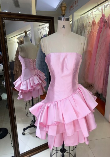 2026 New Pink Princess Tube Top Dress Sexy Fairy Style Spaghetti Strap A-Line Silhouette High Neckline Diamond Decoration