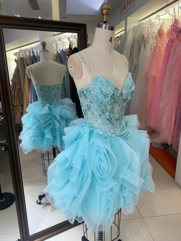 Premium Strapless Sparkly Short Homecoming Dress 3D Ruffle Flower Evening Gown High Quality for Boutique Wholesaler