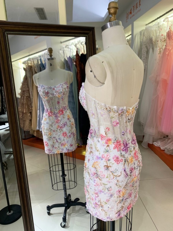 Luxury White 3D Butterfly Floral Prom Dress Short Heavy Beading Corset Homecoming Gown Checked