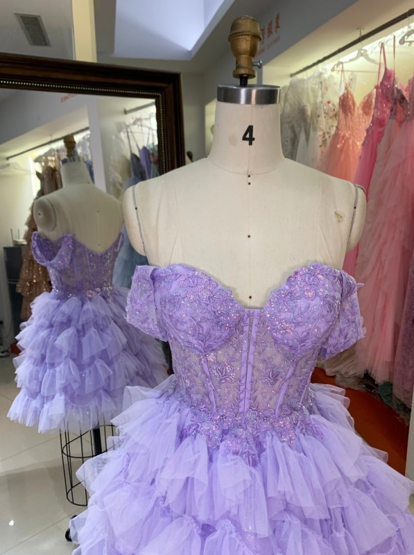 Luxury Lavender Off-the-Shoulder Prom Dress Short Sparkly Lace Appliques Homecoming Gown