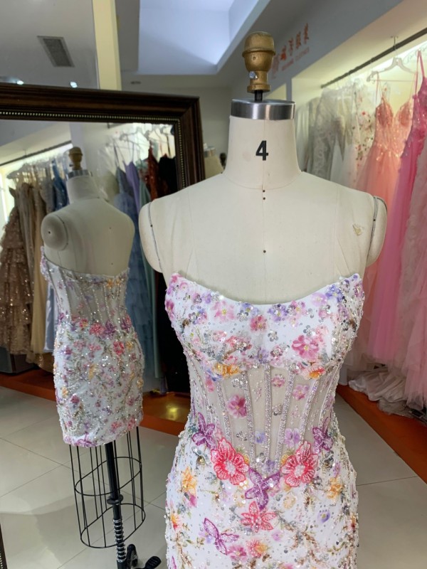 Luxury White 3D Butterfly Floral Prom Dress Short Heavy Beading Corset Homecoming Gown Checked