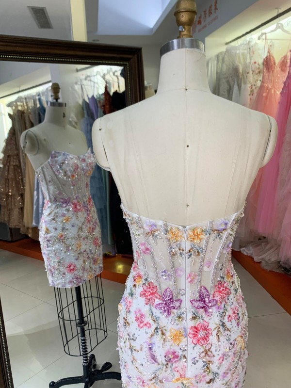 Luxury White 3D Butterfly Floral Prom Dress Short Heavy Beading Corset Homecoming Gown Checked