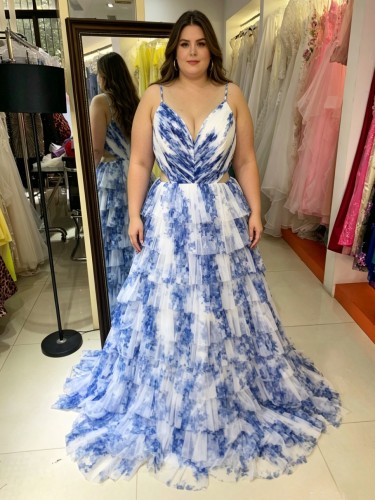 2026 New Floor-Length Prom Multi-layered Netting Lace Style Plus-size Strap Halter Sleeveless Natural Waist Blue White for Party