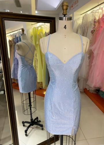 High Quality Homecoming Prom Evening Dresses Blue Color for Women Short Satin Sparkly Sequence Party Style