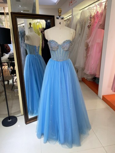 2026 Wholesale Dusty Blue Elegant Evening Dress Women's Clothing Sleeveless Corset with Hand Pleated Satin Prom Dresses