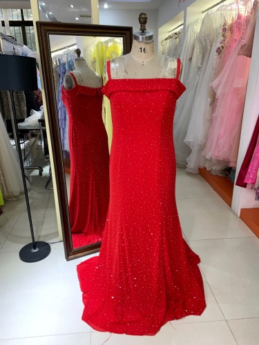 Red Satin Evening Gown with Rhinestone &amp; Lace-up Back Natural Waistline Floor-Length Prom Dress