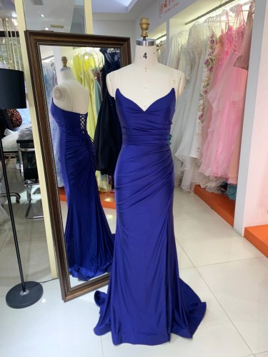 Wholesale Royal Blue Sleeveless Pleated Satin with Lace up Back Prom Gowns Evening Dresses