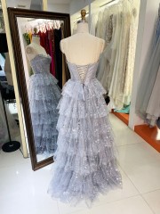 Dusty Blue Wholesale Prom Dresses 2026 2027 Evening Dress Factory Strapless Rhinestone Corset Tiered Ruffle Ball Gown Supplier