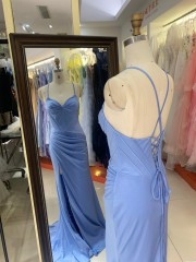 Elegant Light-blue Mermaid with High Slit and Lace up Back Wedding Dresses for Guests