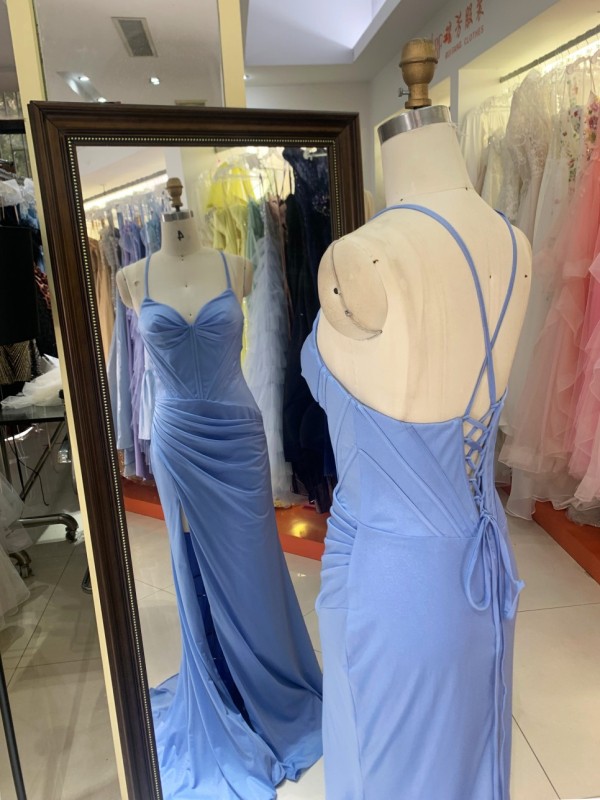 Elegant Light-blue Mermaid with High Slit and Lace up Back Wedding Dresses for Guests