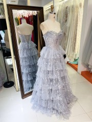 Dusty Blue Wholesale Prom Dresses 2026 2027 Evening Dress Factory Strapless Rhinestone Corset Tiered Ruffle Ball Gown Supplier